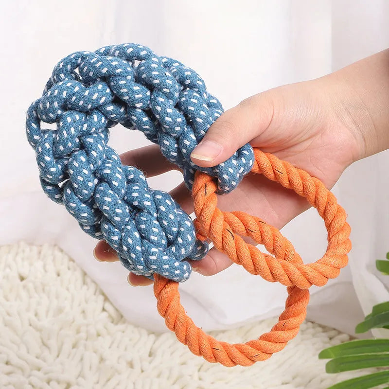 Blue double-ring braided bone dog chew toy made from cotton cord for tooth cleaning
