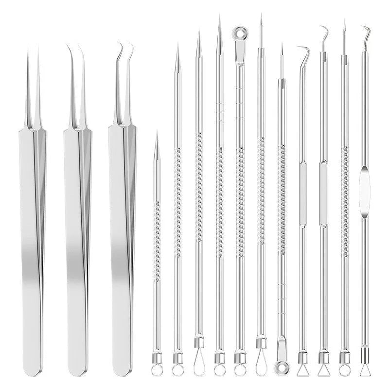 Four metal acne needles with different pointed and looped tips for blackhead removal.