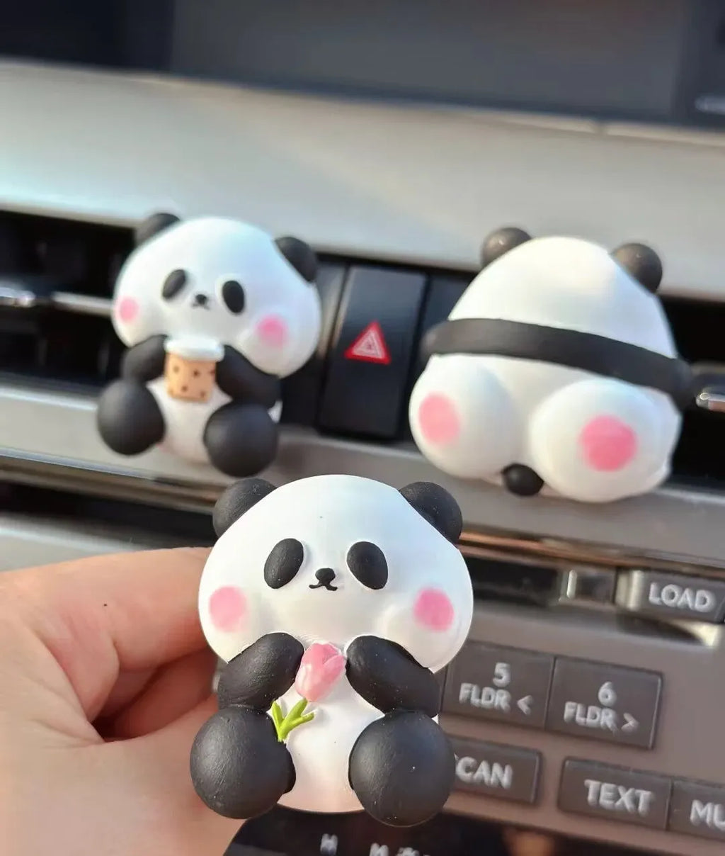 Panda car vent air freshener clip ornament in milk tea, flower, and back panda designs