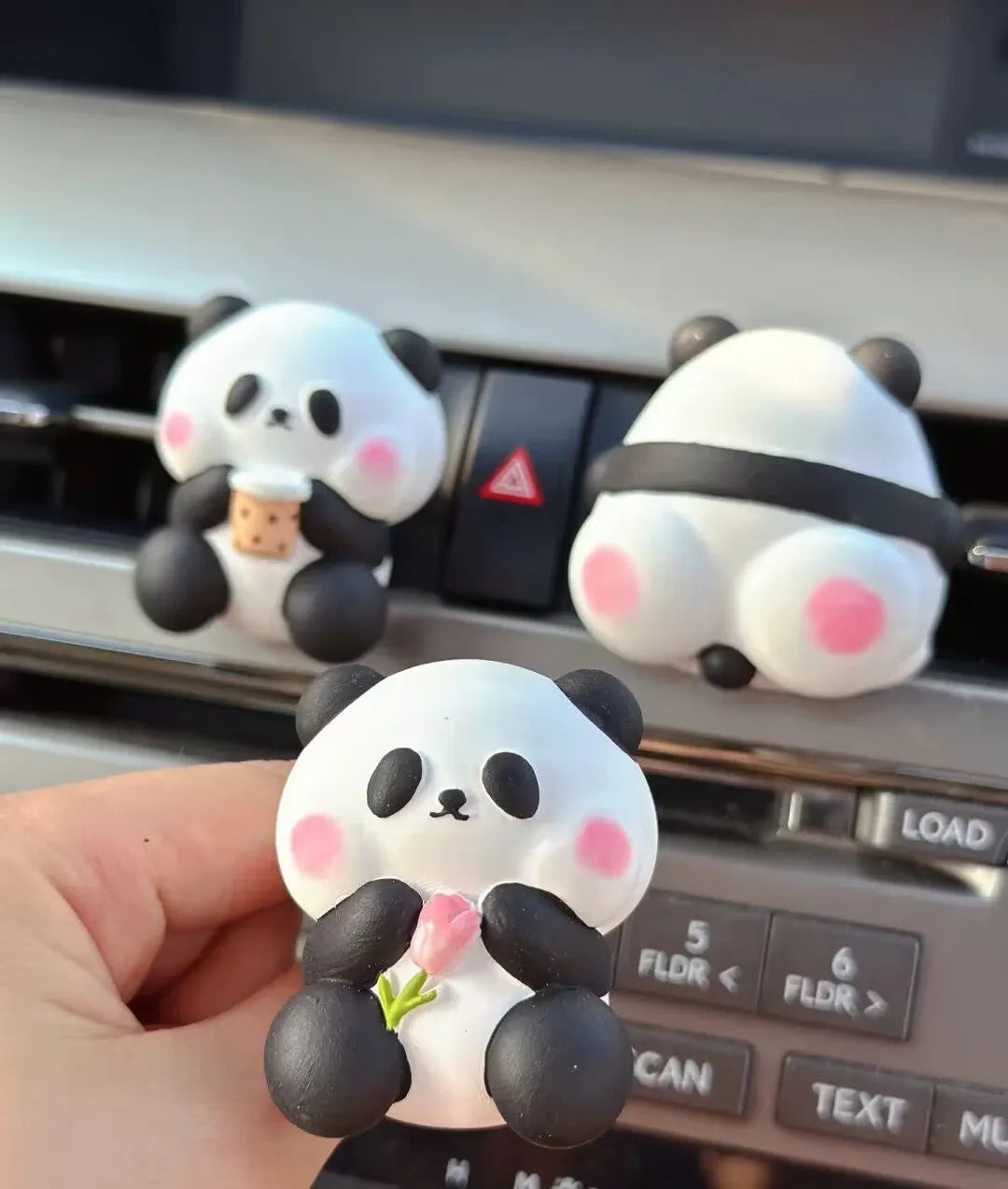 Panda car vent air freshener clip ornament in milk tea, flower, and back panda designs