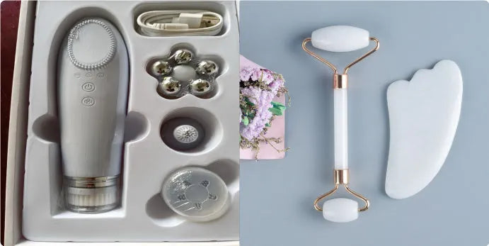 White jade roller and scraping board set for facial massage with double-headed design