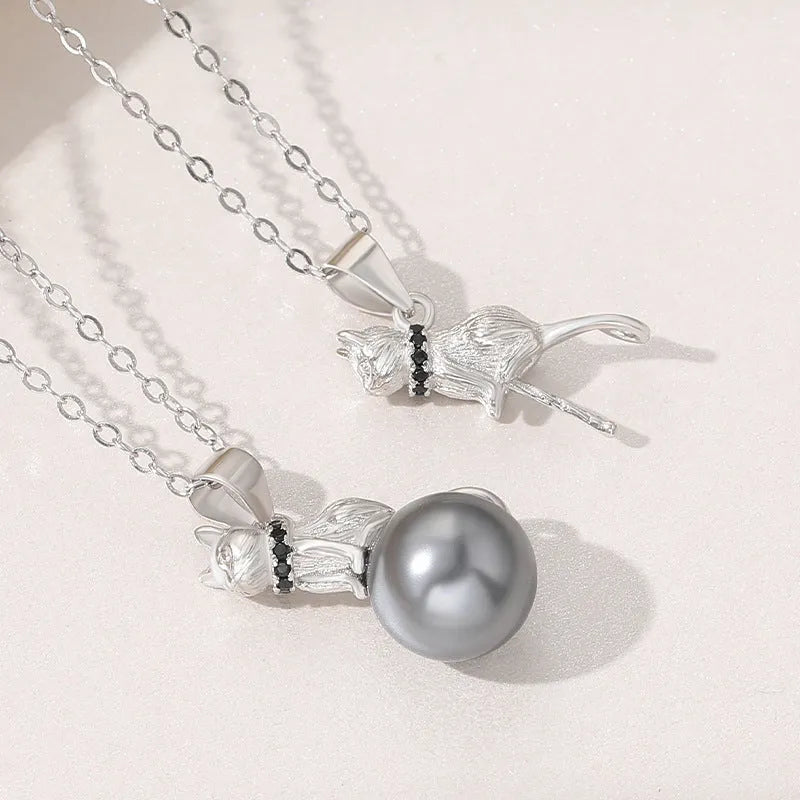 925 sterling silver cat pendant necklace with electroplated finish on 40-45cm chain