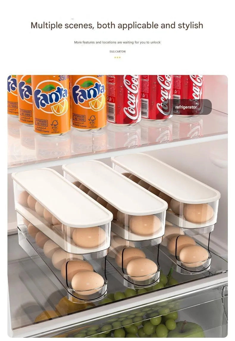 Transparent white refrigerator slide-out egg tray with automatic dispenser mounted on refrigerator door