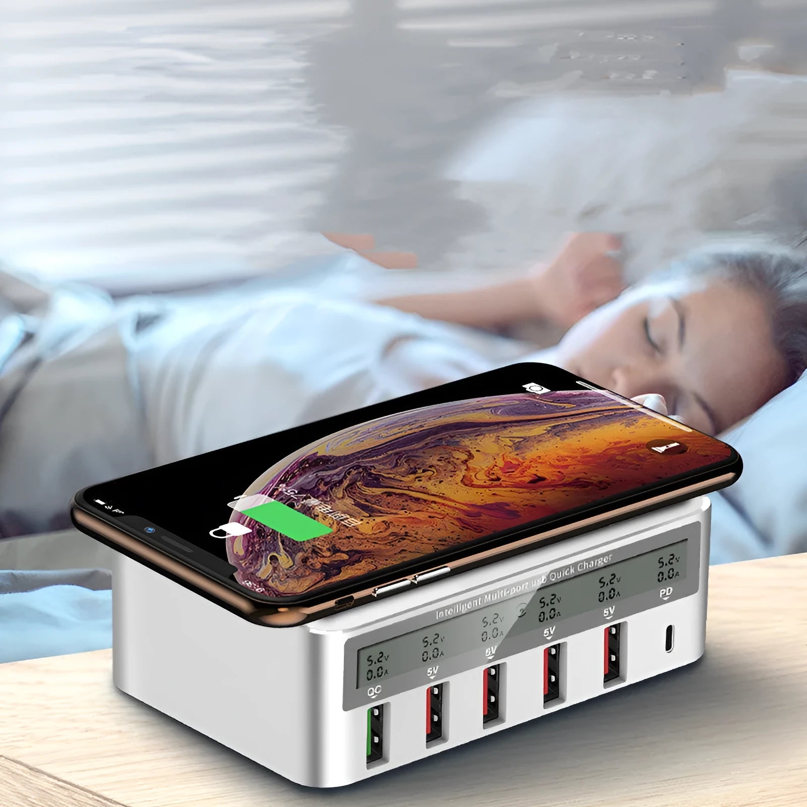 QC30 Fast Charge 6-port 50W desktop USB charger unit on a table