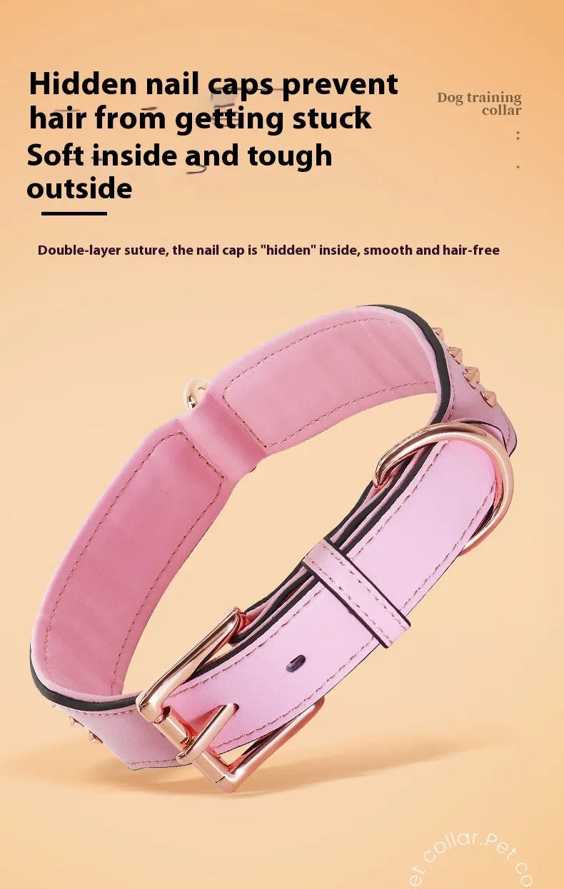 Leather dog collar with anti-bite rivets in black, chocolate, or pink colour, sizes L and XL