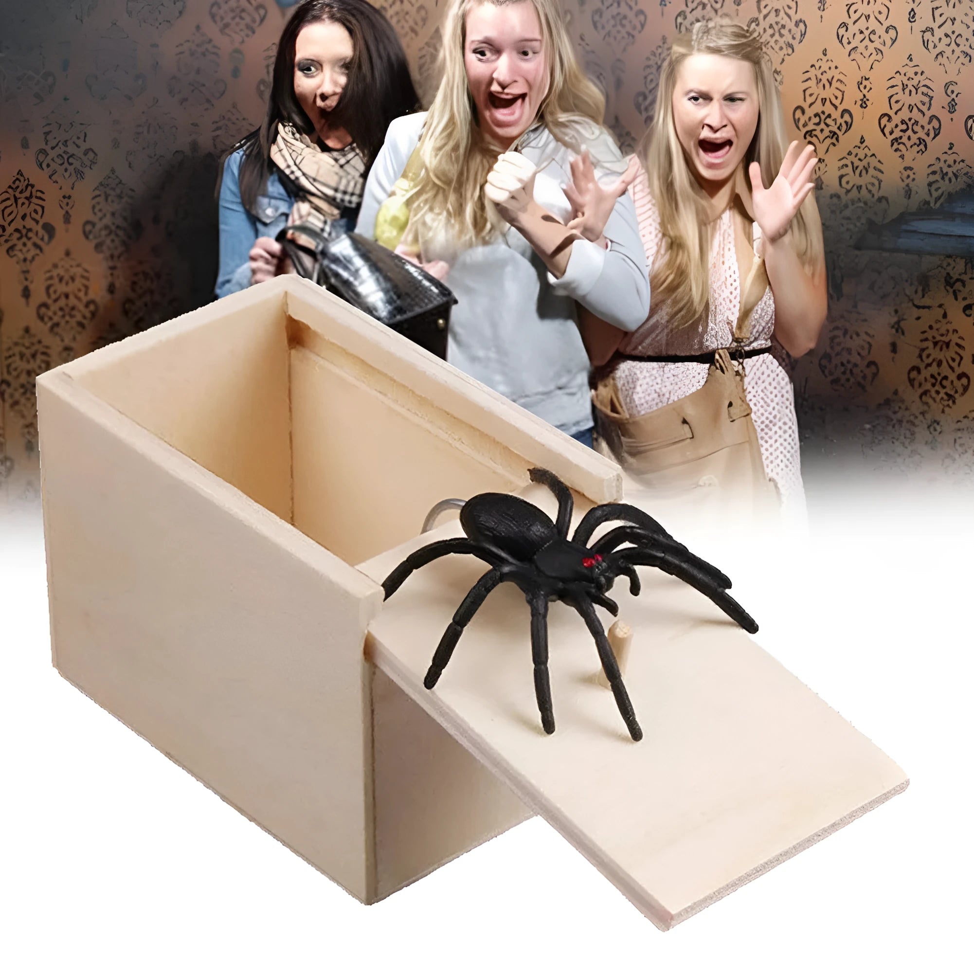 Wooden prank scare box closed, dimensions 9.1cm x 6.1cm x 6.5cm, for April Fools' jokes.