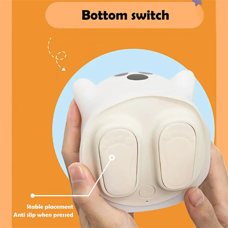 White silicone touch sensor LED night light on a bedside table.