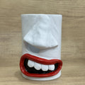 Resin tissue box holder with humorous design, dimensions 8.5cm by 14.6cm, on a desktop