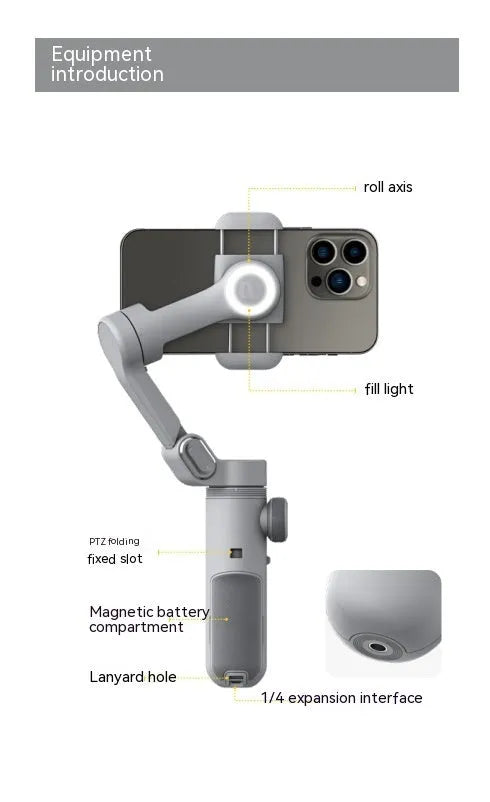 Silver grey Pro Mobile PTZ three-axis smartphone stabiliser gimbal with tripod extension and storage case