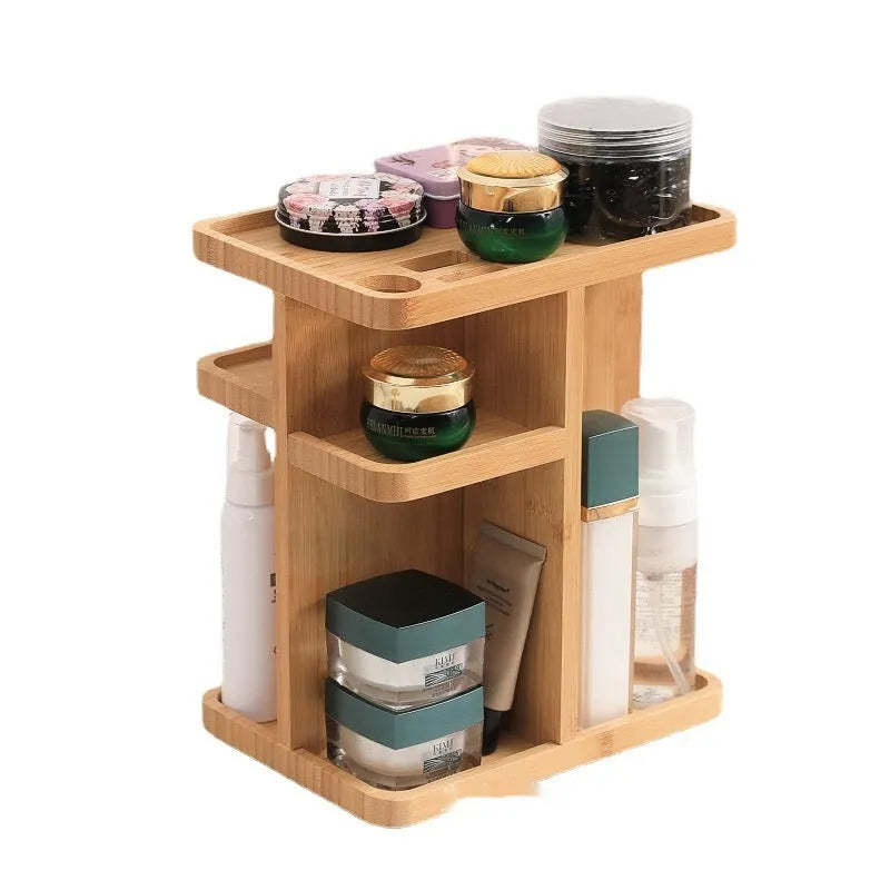 Bamboo rotating storage rack with multiple layers and grid compartments