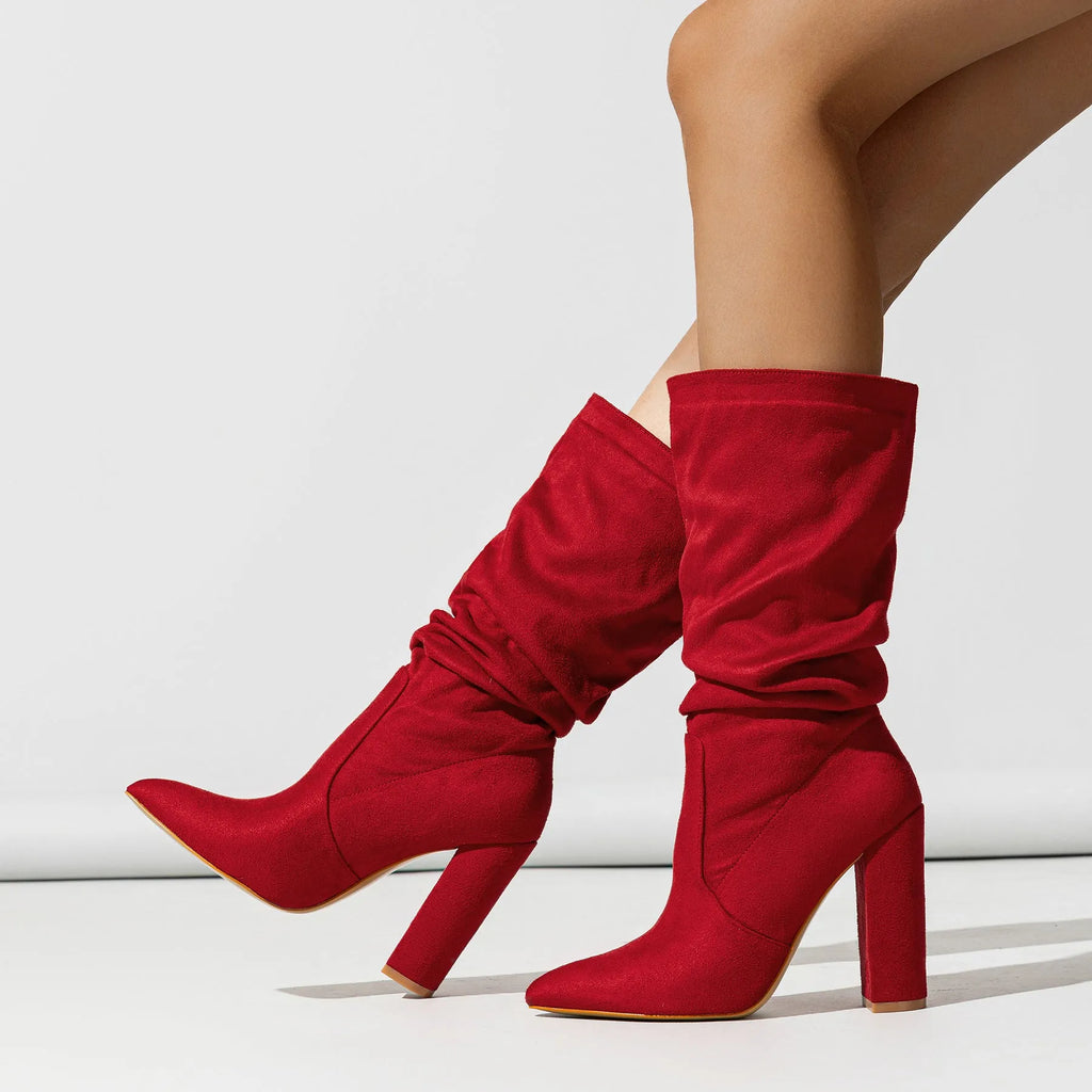 Women's chunky heel pointed-toe suede boots in black colour with 8cm+ heel height and middle calf length
