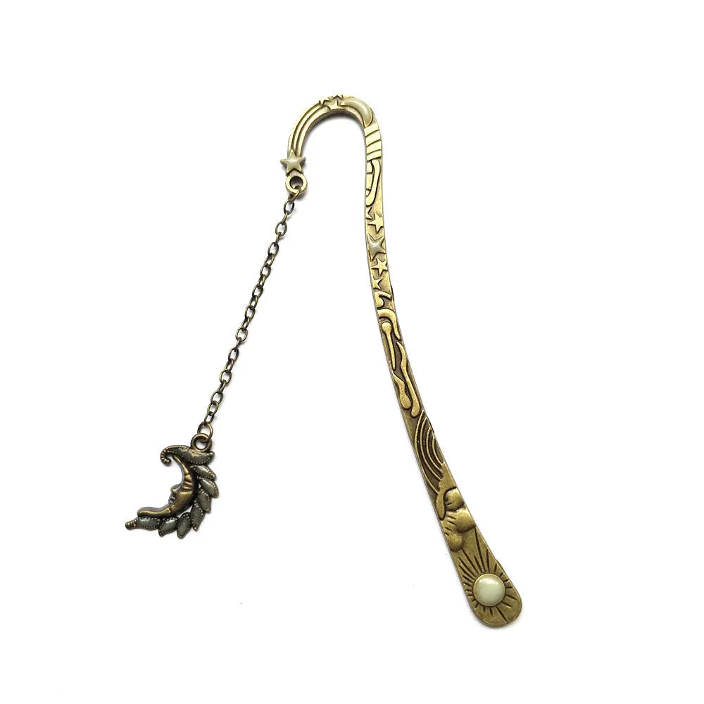 Retro five-pointed star metal bookmark with fluorescent finish and celestial motifs
