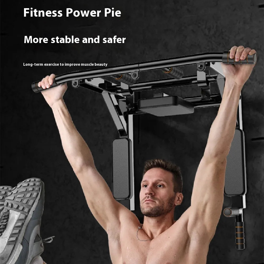 Black wall-mounted fitness rack with parallel bars for pull-ups, dimensions 77cm by 47cm