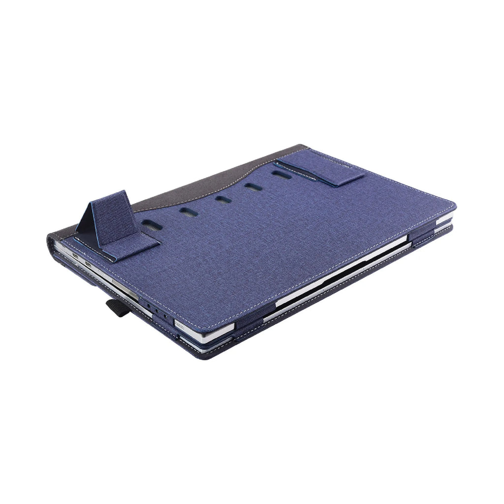 Black imitation leather laptop protective sleeve with Chinese design and a carrying bracket.