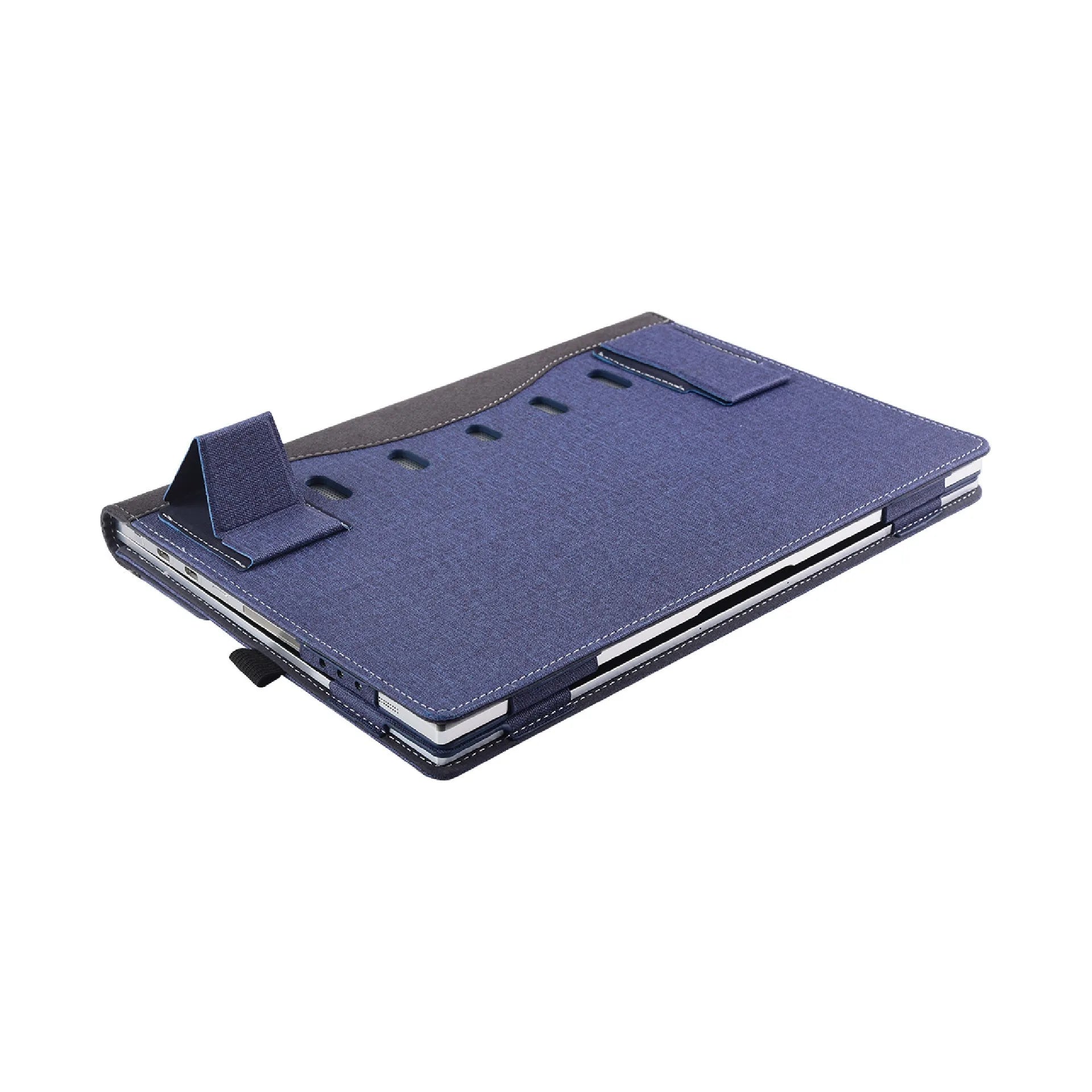 Black imitation leather laptop protective sleeve with Chinese design and a carrying bracket.