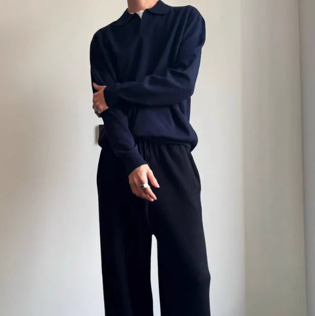 Old Money style pure wool polo sweater with lapel collar in milky white, loose fit long sleeves