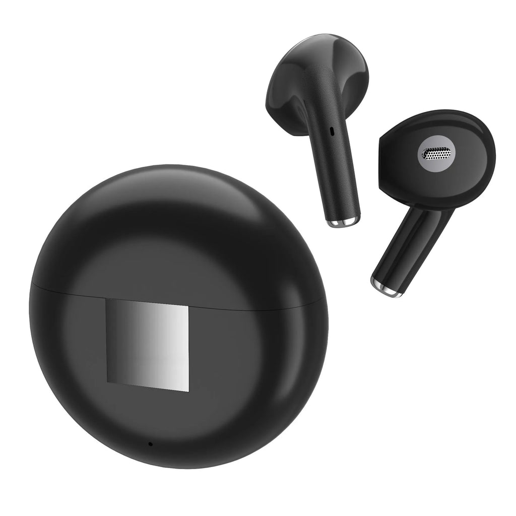 White Wireless Budz5 Bluetooth earbuds with charging compartment, showing semi-in-ear design