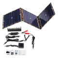 Black foldable solar panel showing three monocrystalline silicon cells, folded to 87cm length with carrying bag and accessories