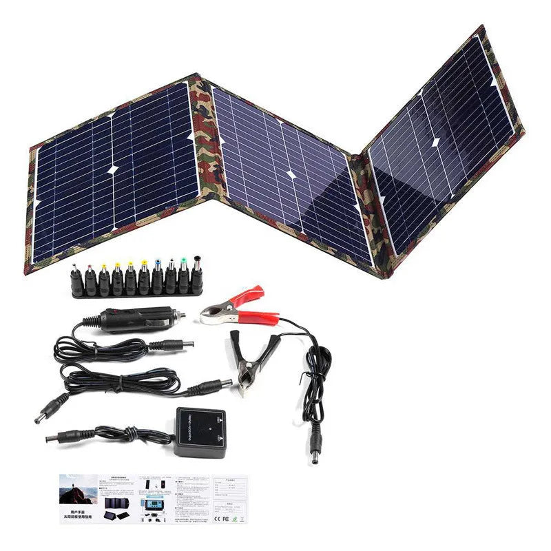 Black foldable solar panel showing three monocrystalline silicon cells, folded to 87cm length with carrying bag and accessories
