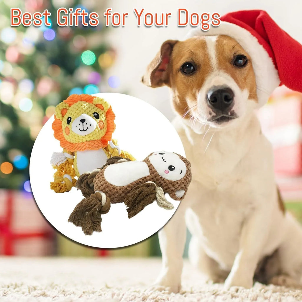 Two plush squeaky dog toys showing lion and monkey designs for medium to large breed dogs