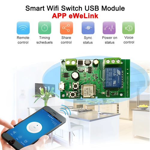 1 way relay module with self-locking interlock remote control showing USB port and compact design