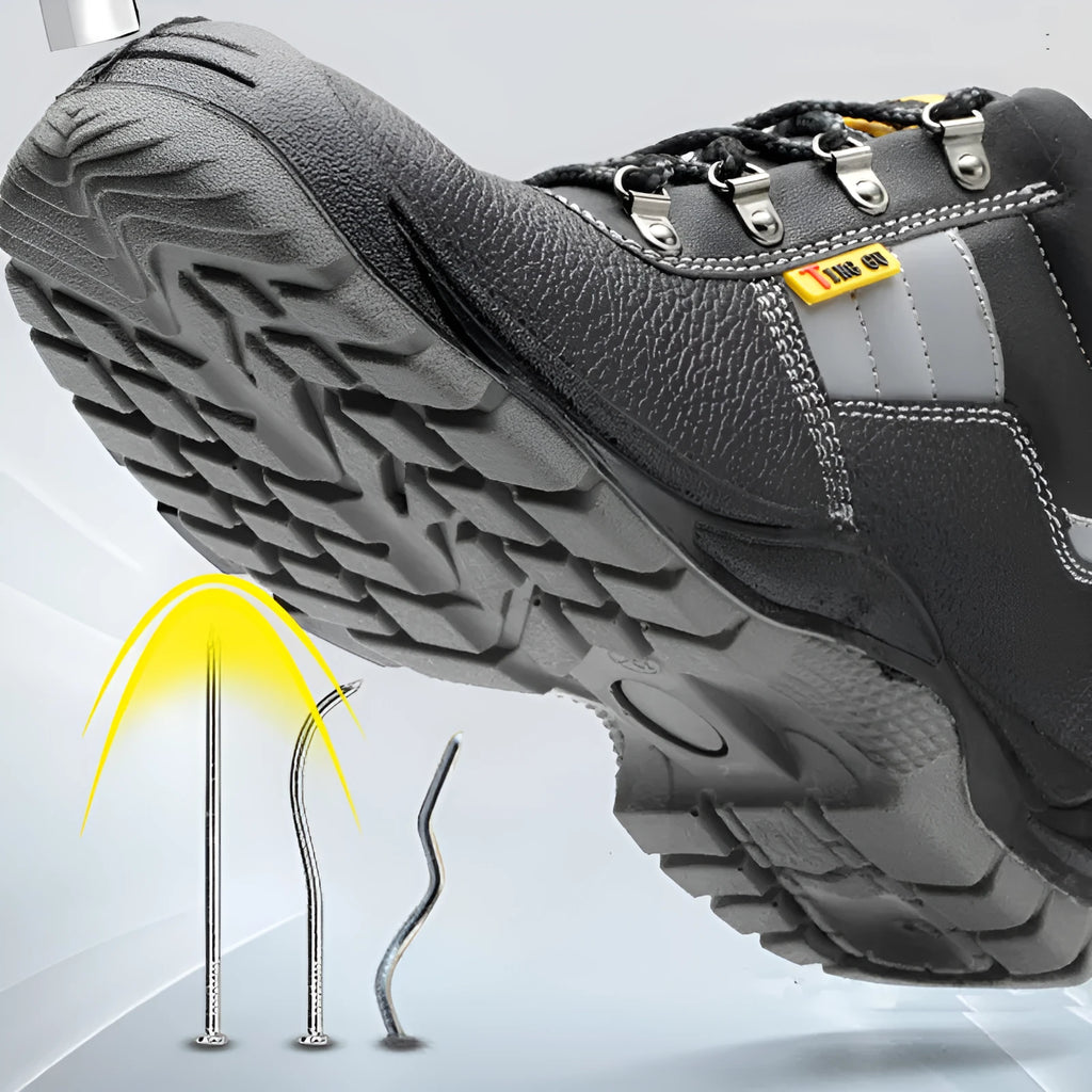 Black high-top safety shoes with steel toe cap and non-slip polyurethane sole, sizes 36-46