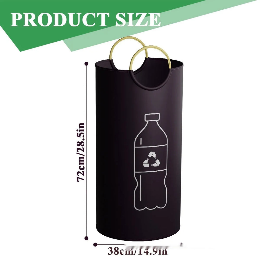 Round grey portable trash can showing 38cm diameter opening and 72cm height with included plastic bag