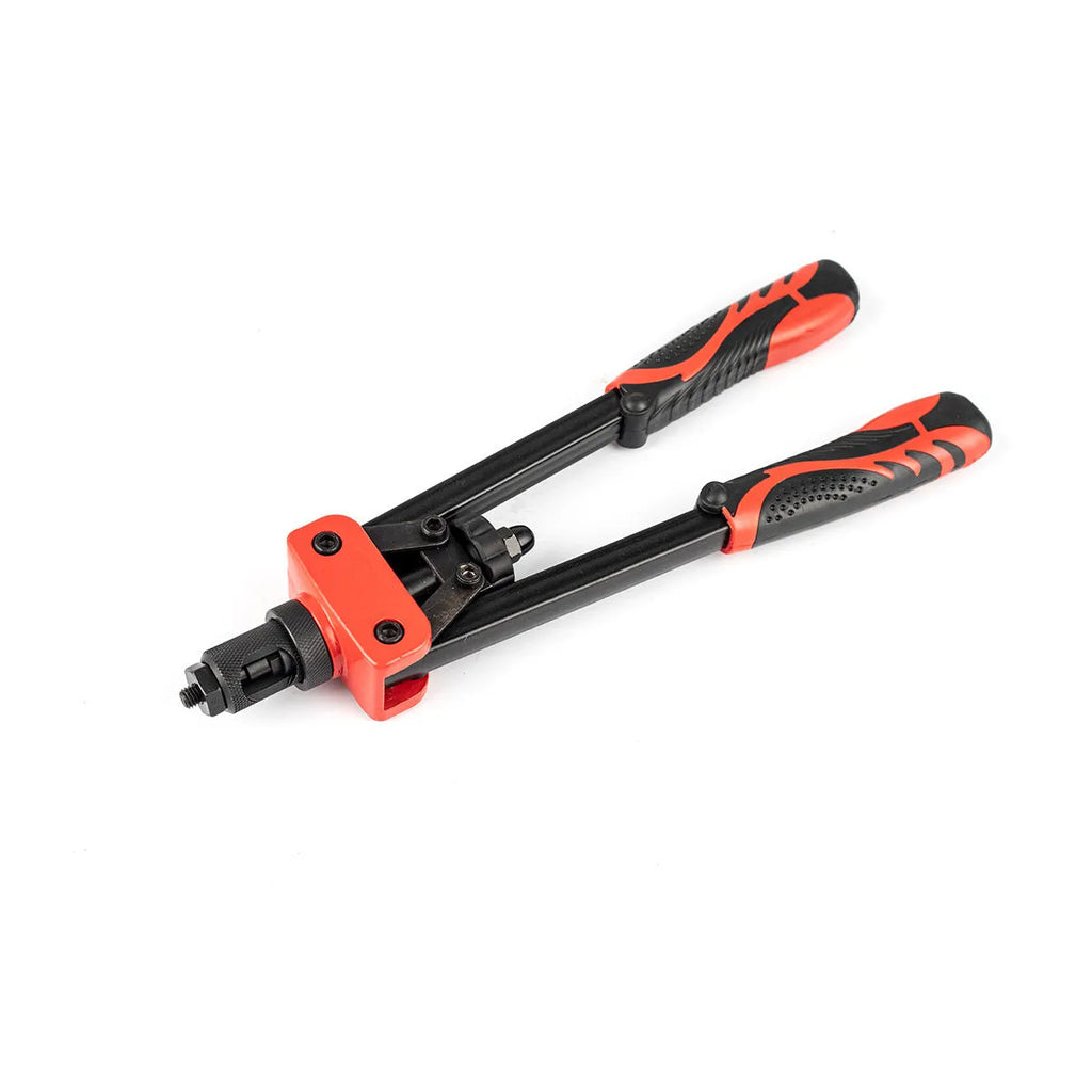 CQ14 model 14-inch manual rivet nut pull-setter tool with six interchangeable M3 to M10 tips on a workshop bench.