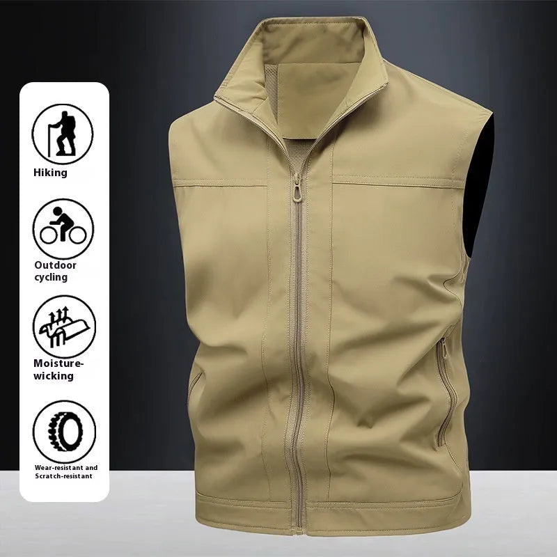 Men's loose-fit stand-up collar workwear shirt in khaki colour showing quick-drying fabric texture