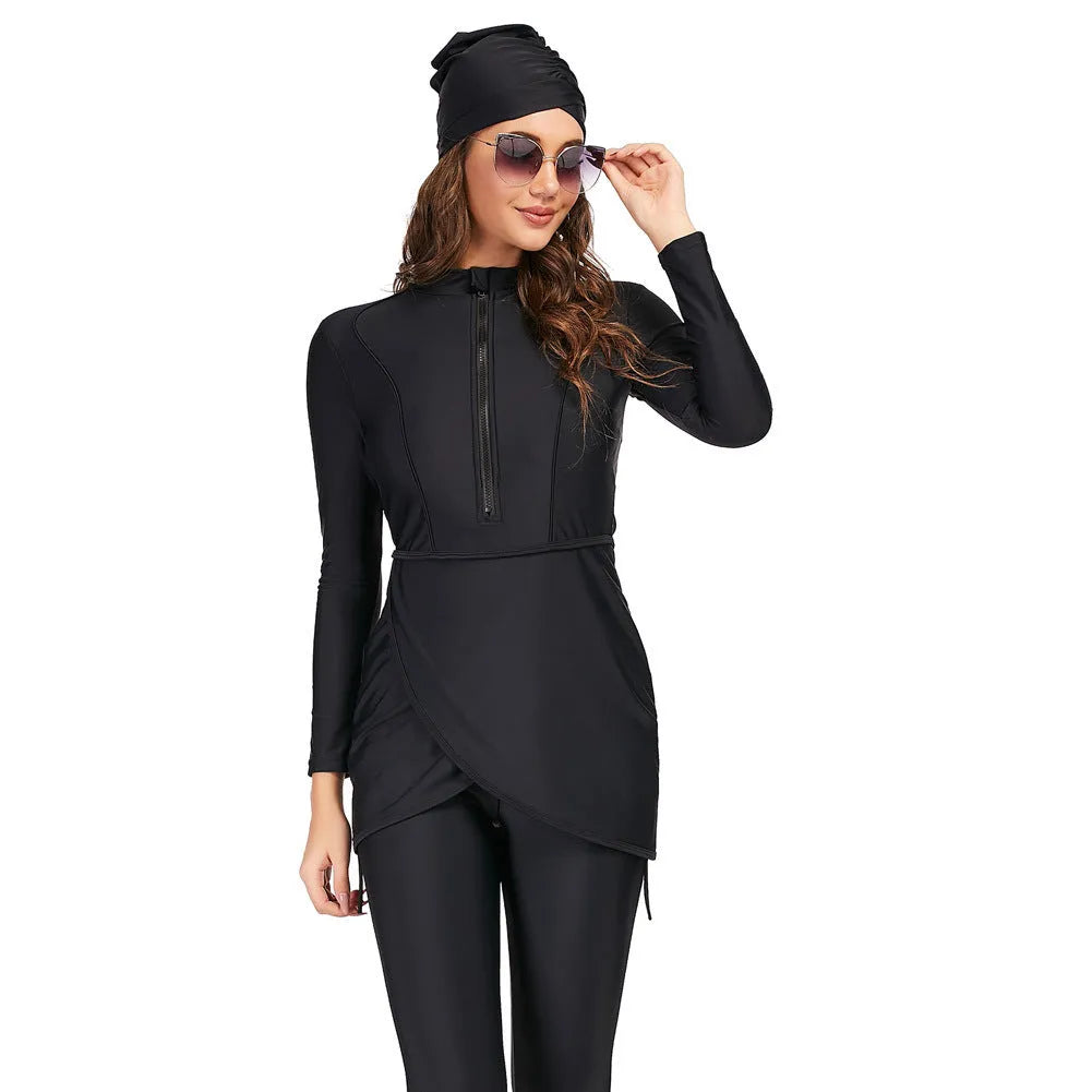 Black conservative full coverage ladies swimsuit burkini with quick-dry lining