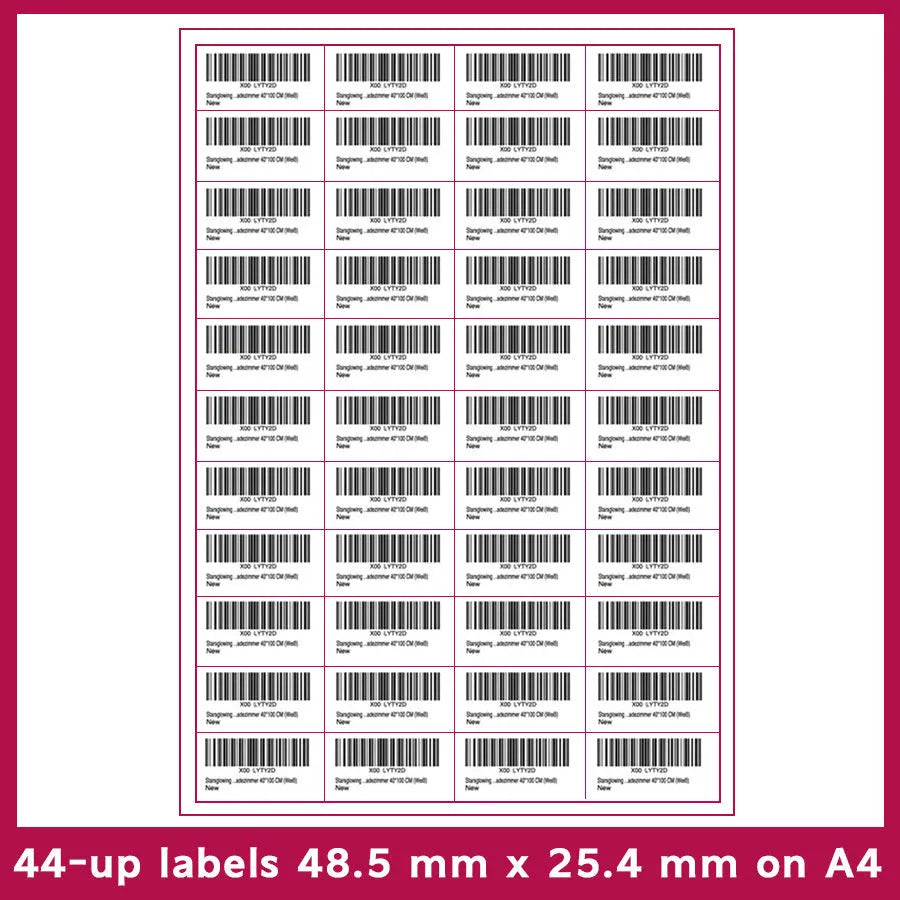 Pack of 100 A4 FBA label sheets showing multiple grid layout options for barcode printing.