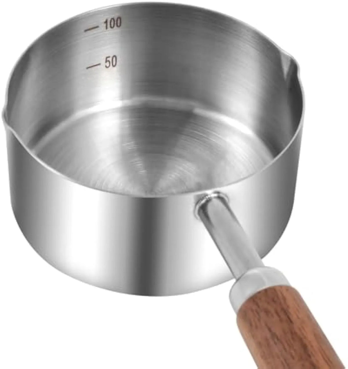 304 stainless steel dog food scoop with wooden handle and measuring cup design for dry pet food, small and large sizes available.