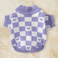 Small dog wearing blue knitted polyester jumper with weight-based sizing for autumn and winter