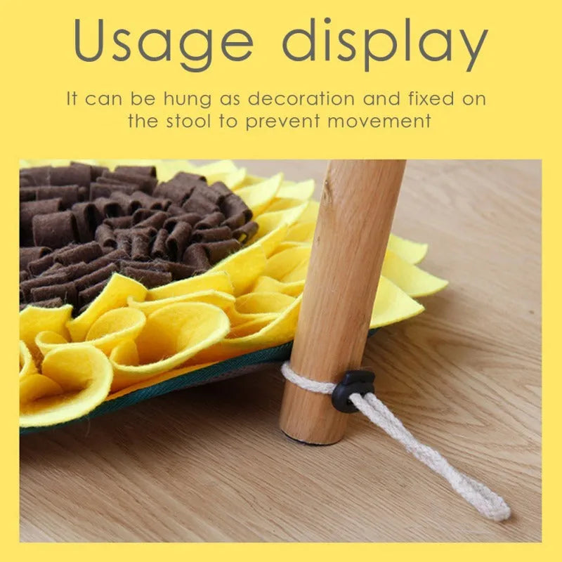 Yellow sunflower pattern dog snuffle mat measuring 37.5cm square with rope attachment