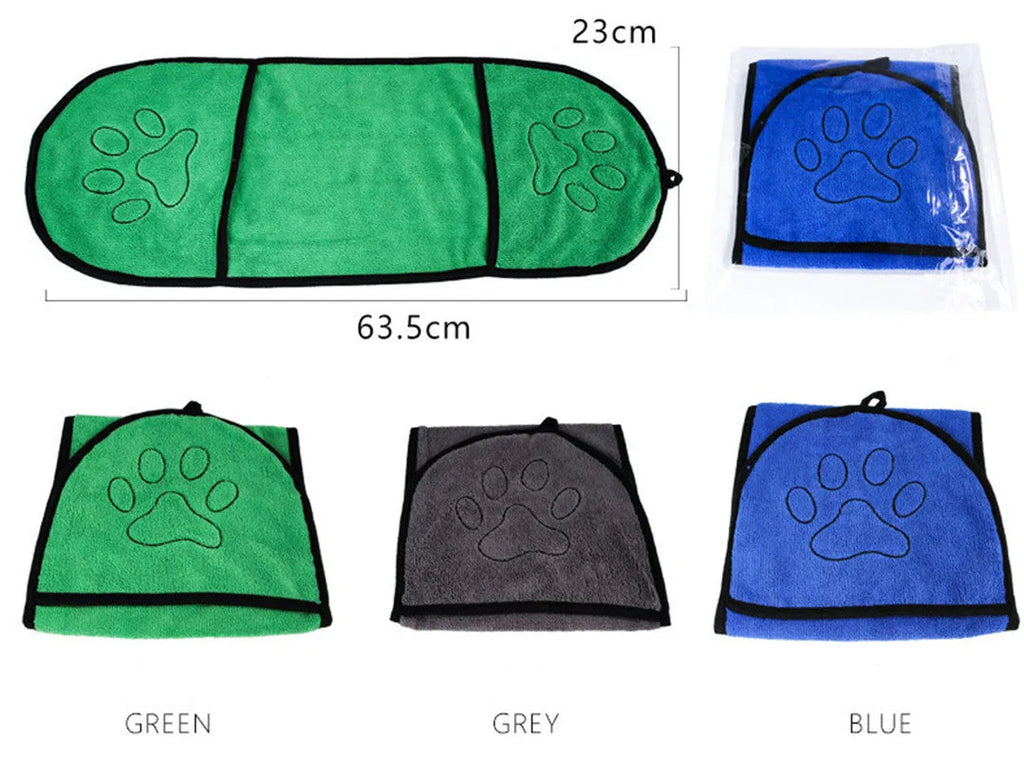 Absorbent fibre dog bath towel in bathrobe shape, plain pattern, available in blue, grey, or green.