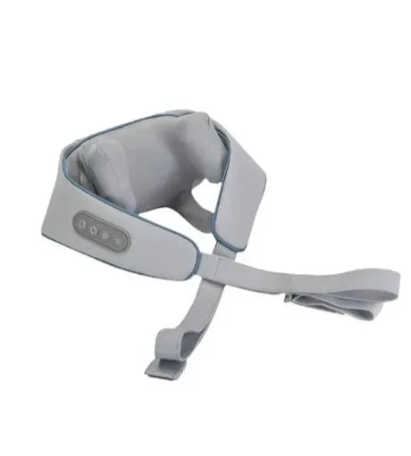 Milky white rechargeable shoulder and neck kneading massager with USB cable.