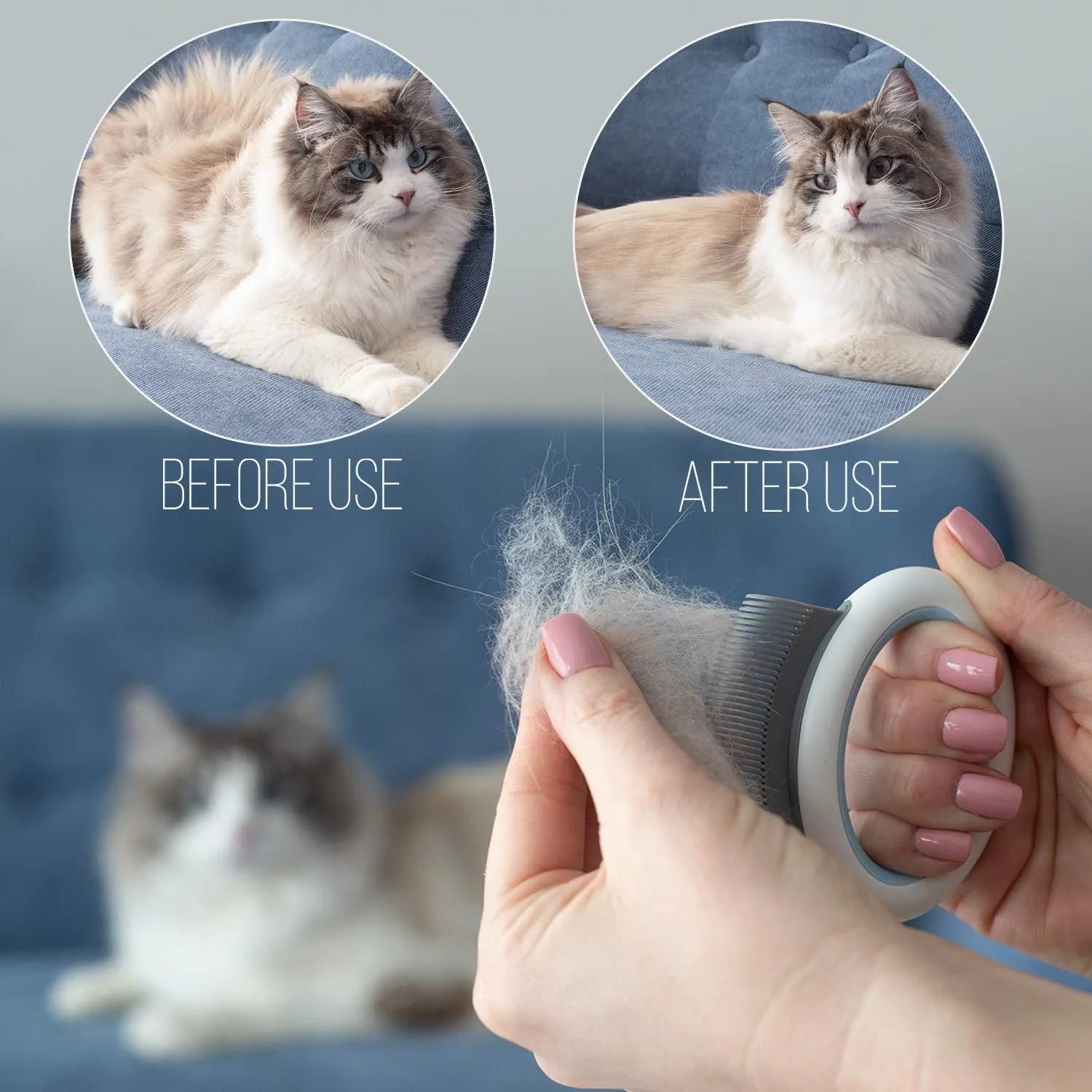 Pet grooming comb in blue, green, or pink with soft teeth for cats and dogs, dimensions 86x81x5mm