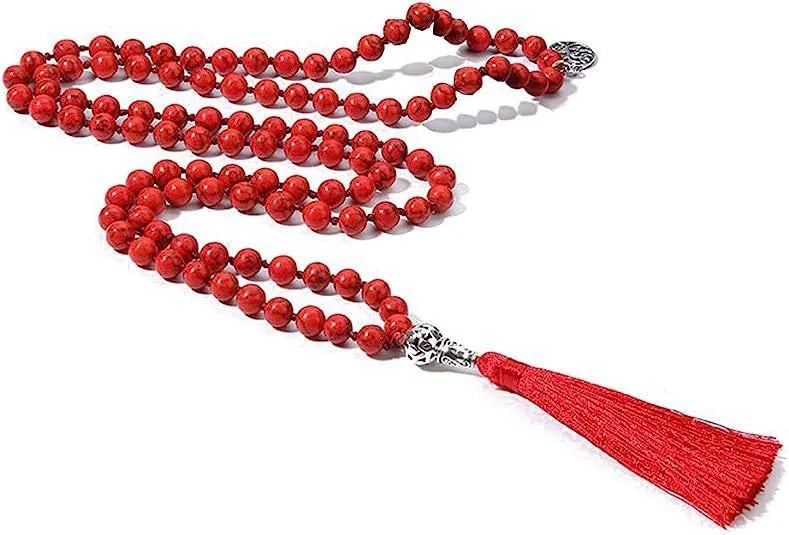 Handmade knotted beaded necklace with 108 stone pendants showing colour variations