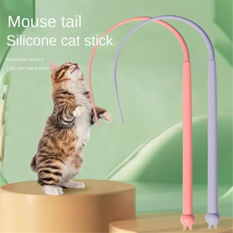 Blue simulated mouse tail cat toy with 80cm silicone tail and ABS handle for interactive feline play