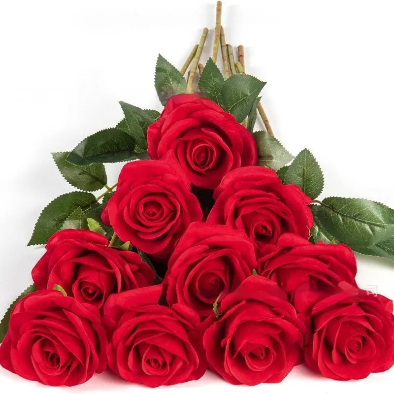 Single stem silk artificial rose in a choice of 17 colours including red, white, pink, and blue.