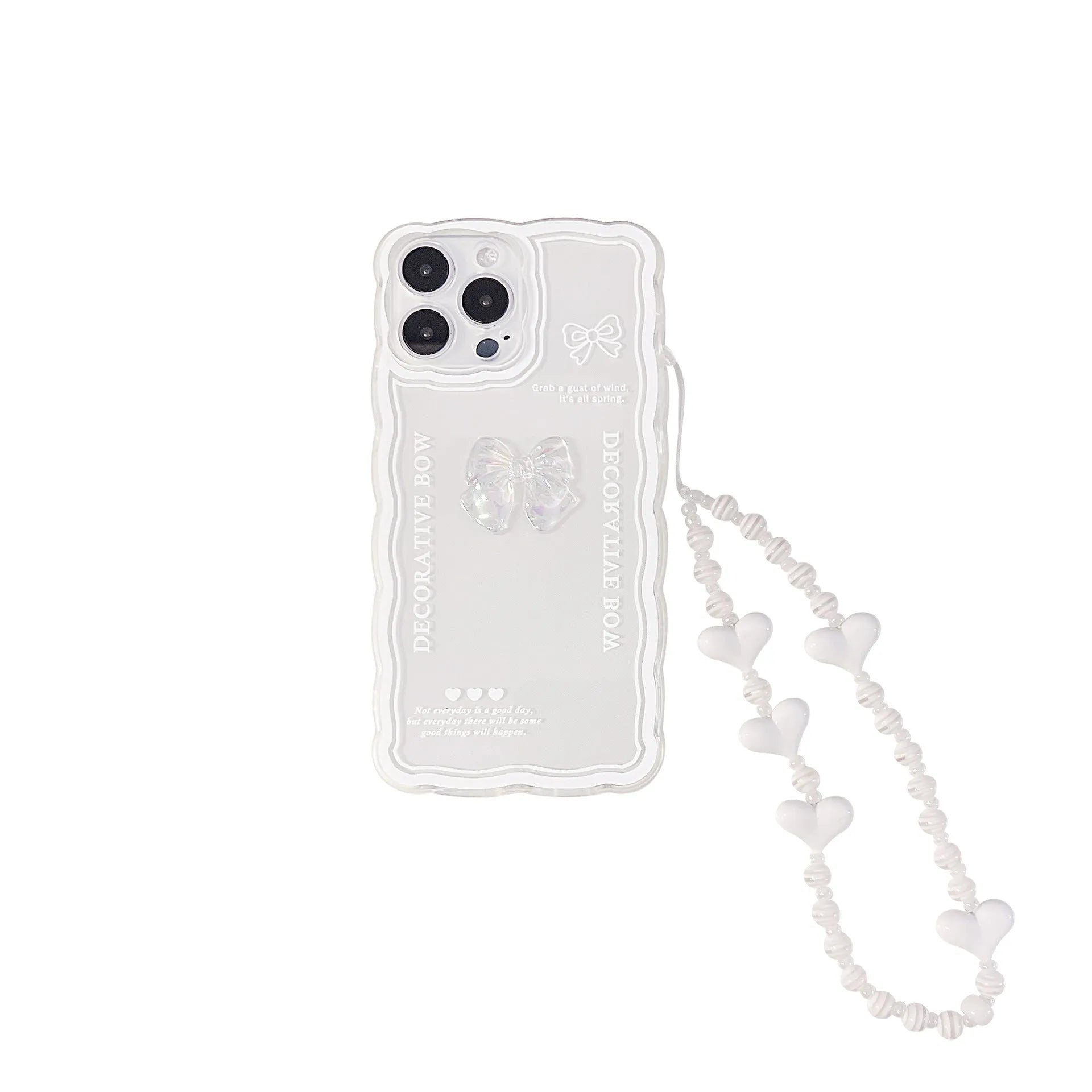 Transparent iPhone case with raised ice-through bow design on clear TPU background showing phone compatibility