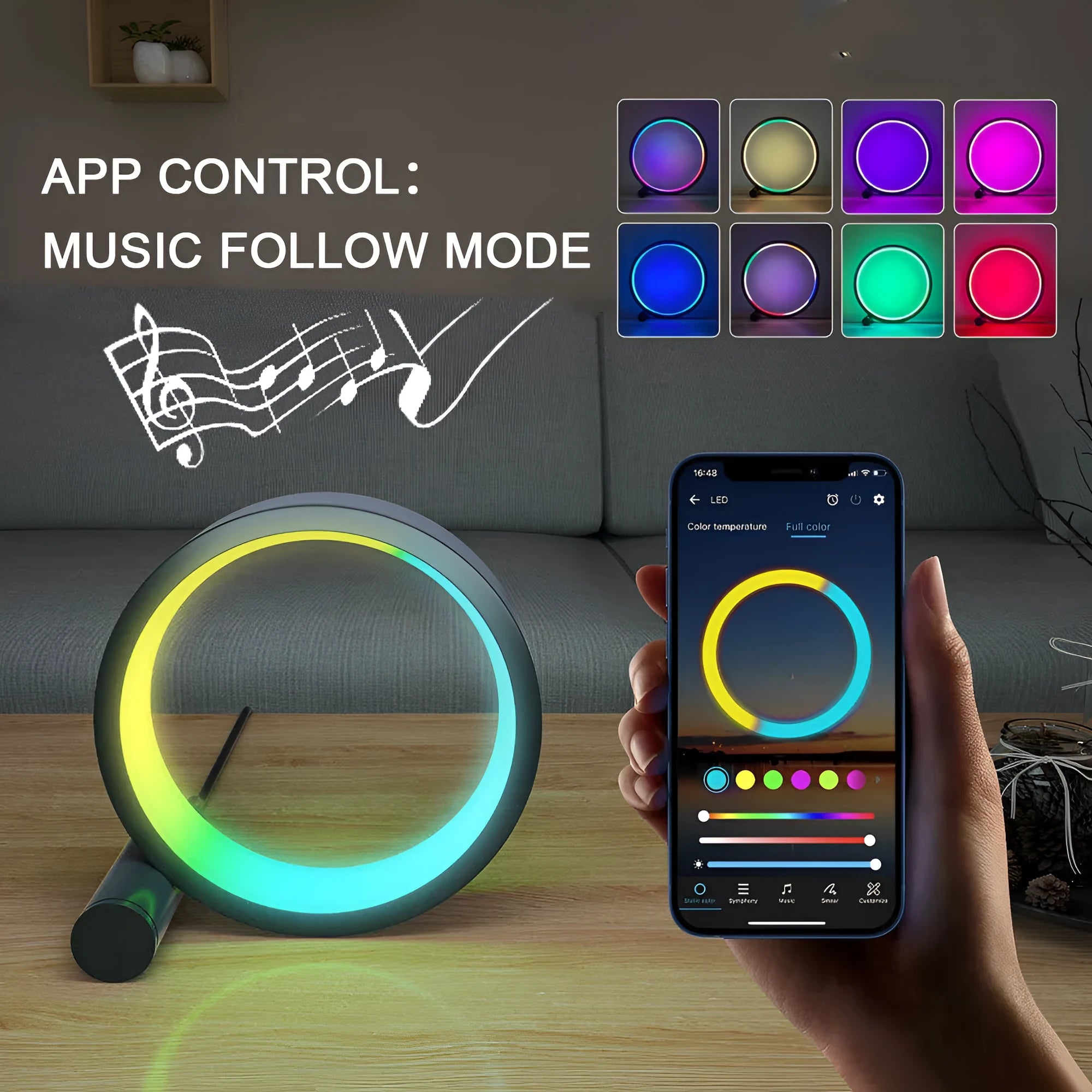 Smart LED night light with music sync and colour-changing capabilities in aluminium alloy housing