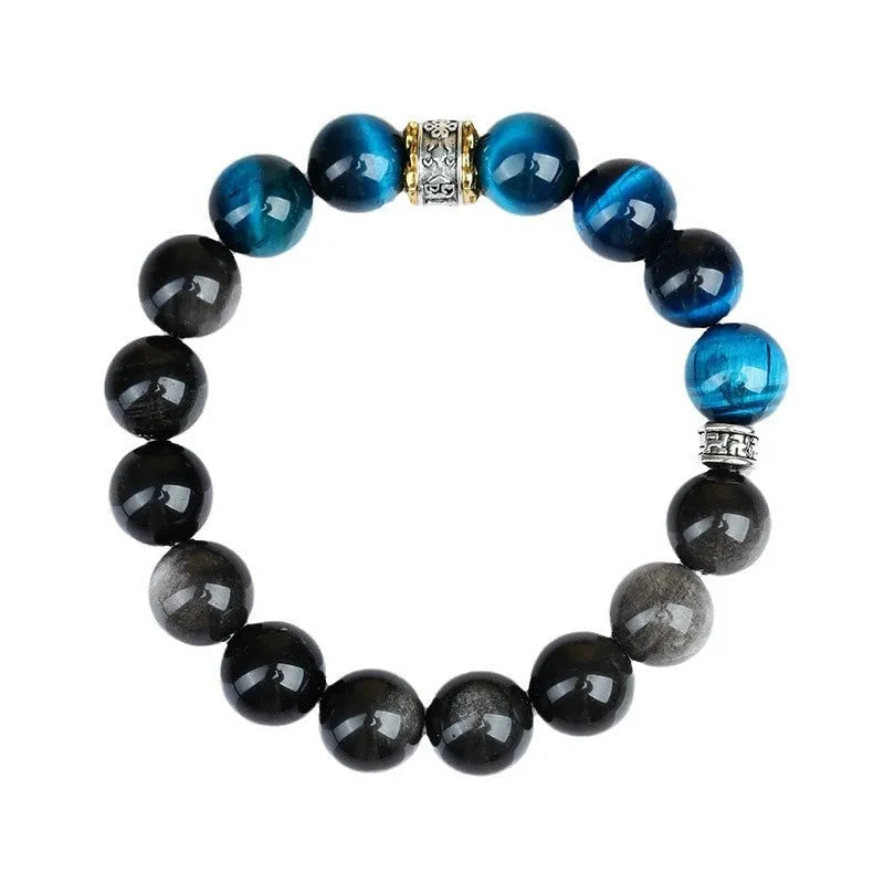 Handmade peacock blue Tigereye stone bracelet with geometric round design and adjustable wristband