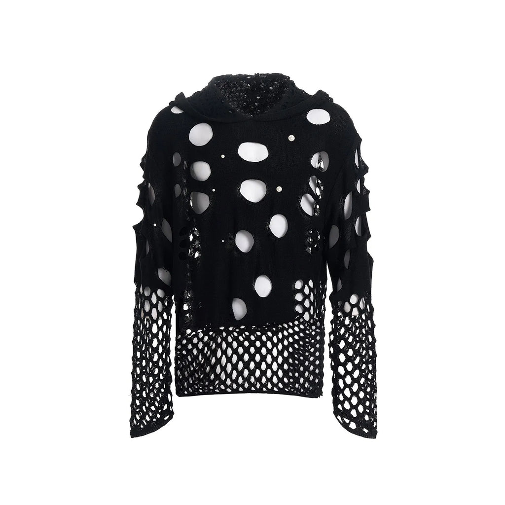 Black men's hooded sweater with pearl decorative details, loose fit design for spring wear