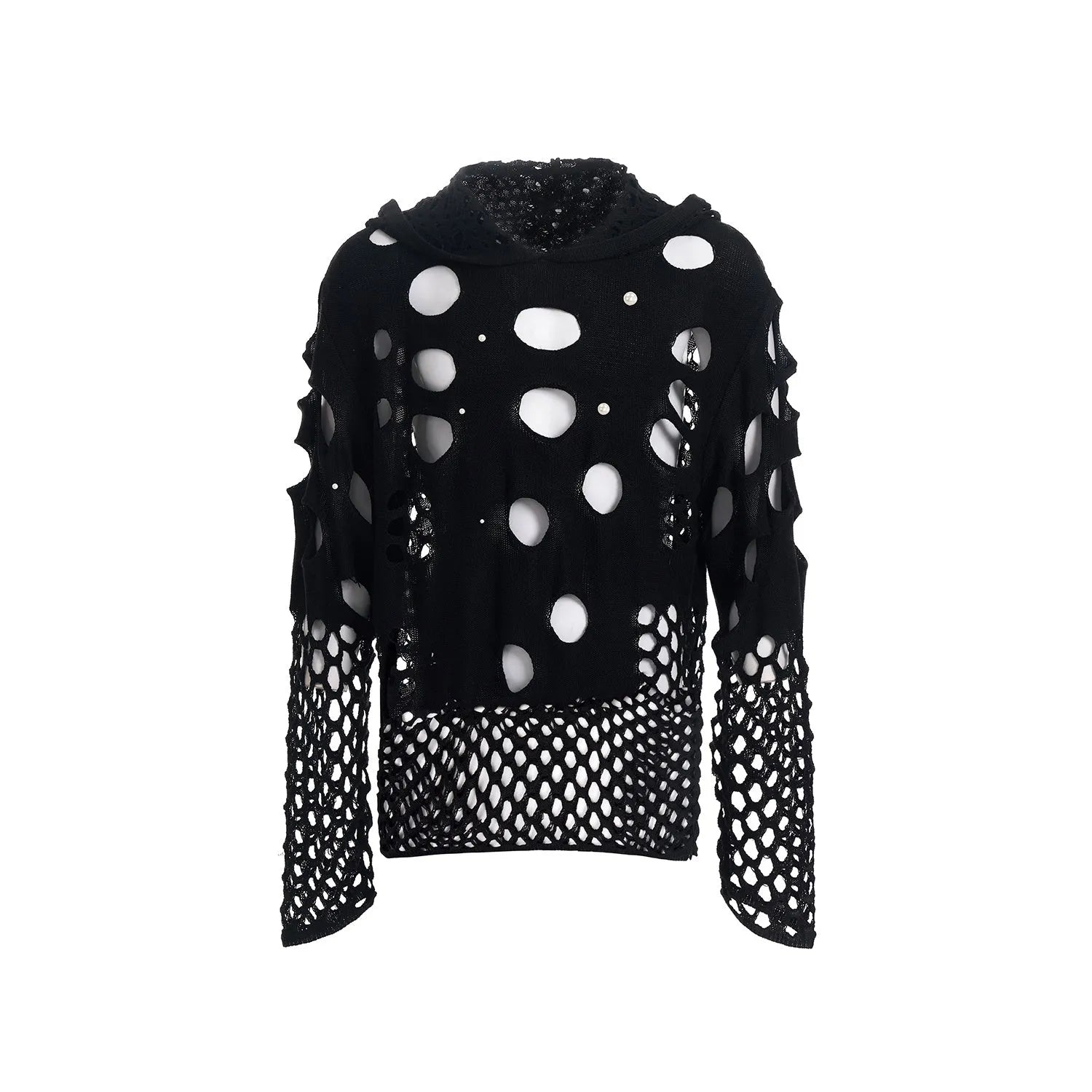 Black men's hooded sweater with pearl decorative details, loose fit design for spring wear