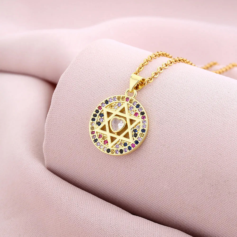 Six-pointed star pendant necklace with emerald zircon inlay on copper O-shaped chain, 41-50cm circumference