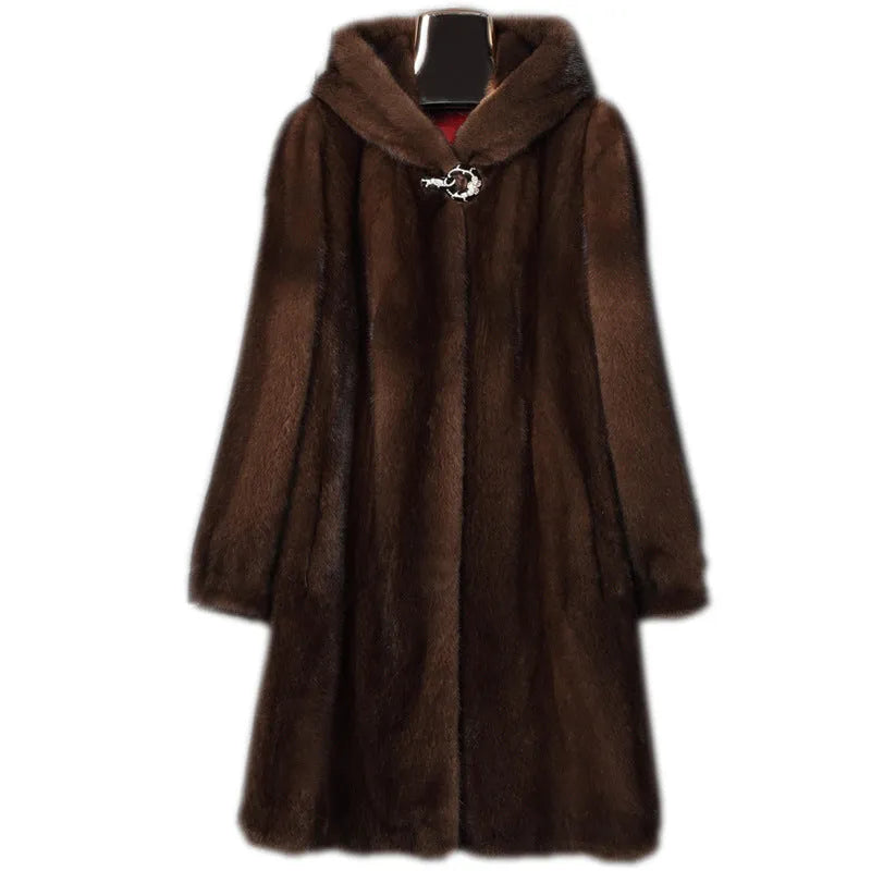 Women's long black hooded faux fur coat for autumn and winter, shown on a hanger.