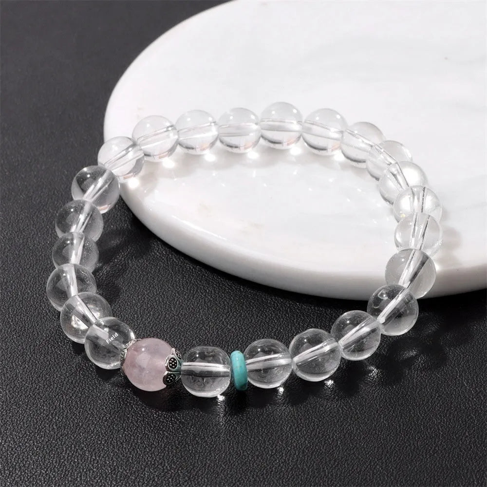 Handmade natural white crystal bracelet with 8mm beads and Matcha Green gift box.