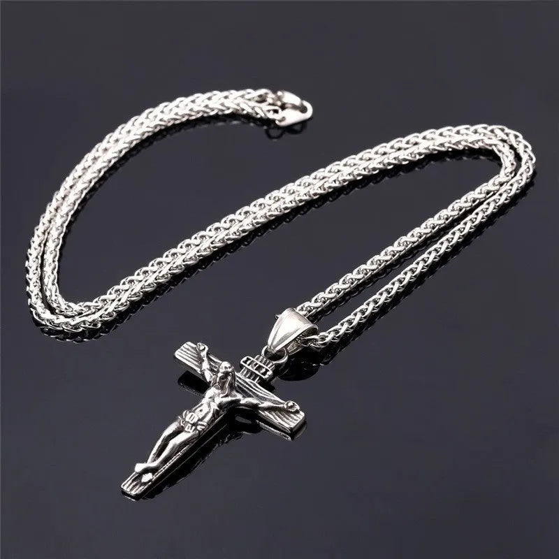 Unisex 60cm keel chain necklace with alloy cross or flower basket pendant in silver or gold