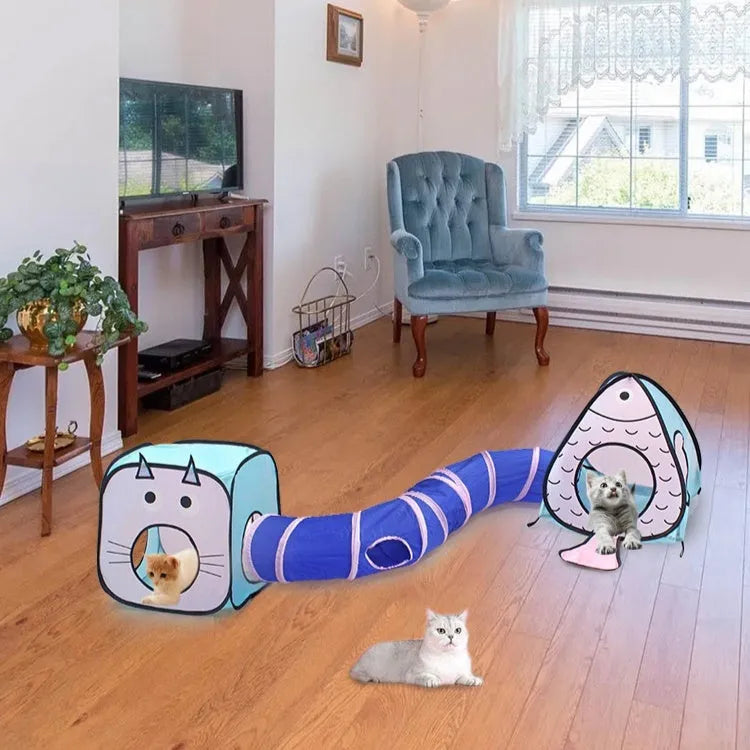 Foldable pet tent cat tunnel with collapsible design and cat-fish graphics